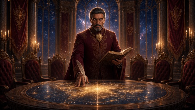 Cassian standing at a round table whose top is a glowing star-map in lines of gold, a quill in one hand set to it and an open ledger in the other; crimson coat worked in gold, the gold chain and shield at his throat; tall arched windows full of stars behind him, crimson banners with gold eagles, candles, and the empty velvet chairs of the Council around the table.
