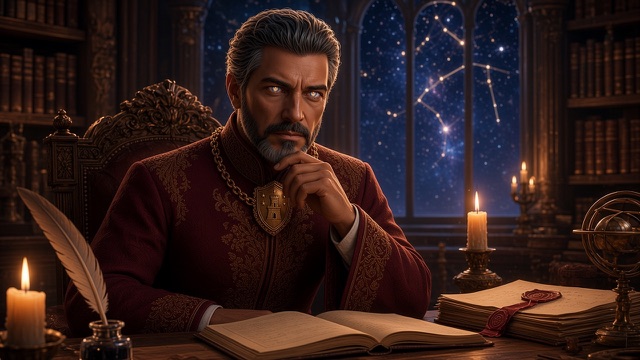 Cassian seated at a desk by candlelight, chin on his hand, eyes lit white, in the crimson coat with the gold chain; before him an open ledger, a quill in its inkwell, a bundle of letters bound in red ribbon and sealed in wax, an armillary sphere; shelves of books on every side and a constellation in the arched window.