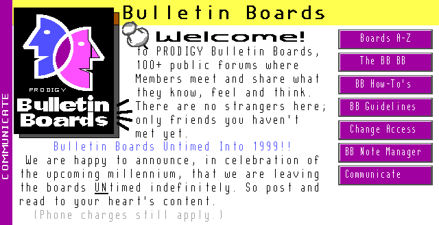 PRODIGY Bulletin Boards index, circa 1999